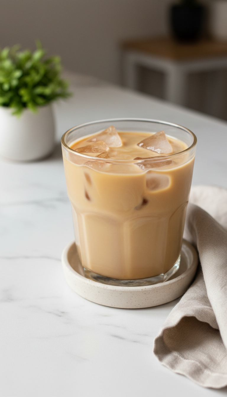 Creamy iced coffee with oat milk in a clear glass, ice cubes, plant, and coaster on white marble countertop. Plant-based drink.