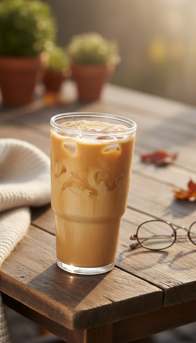 Dunkin Donuts Iced Coffee Toasted Almond: 7 Must-Try Orders 11 Creamy iced coffee with toasted almond, butter pecan swirls, travel tumbler, fall foliage on rustic wood table. Cozy patio.