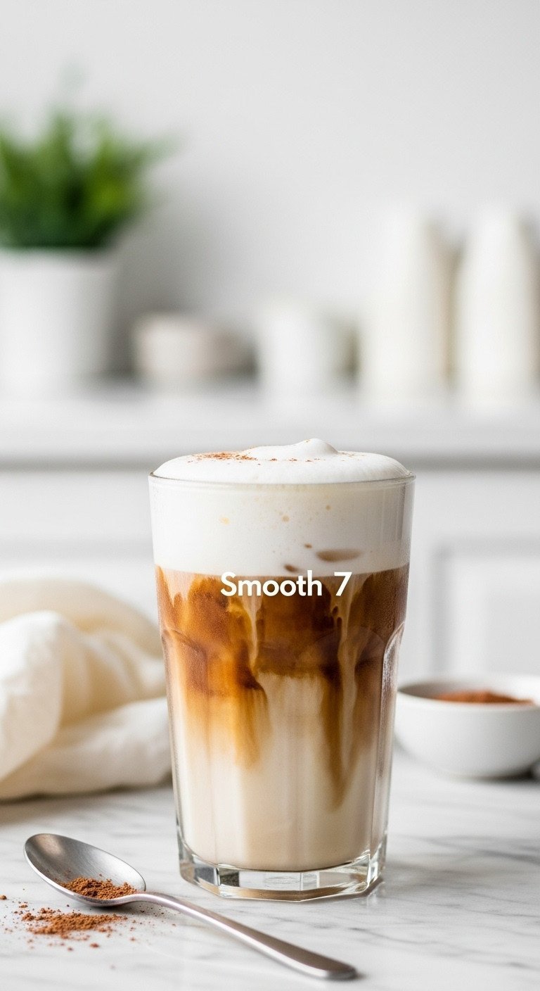 Creamy iced latte, espresso swirling, velvet foam. 'Smooth 7' coffee on marble counter, bright daylight, minimalist room backdrop.