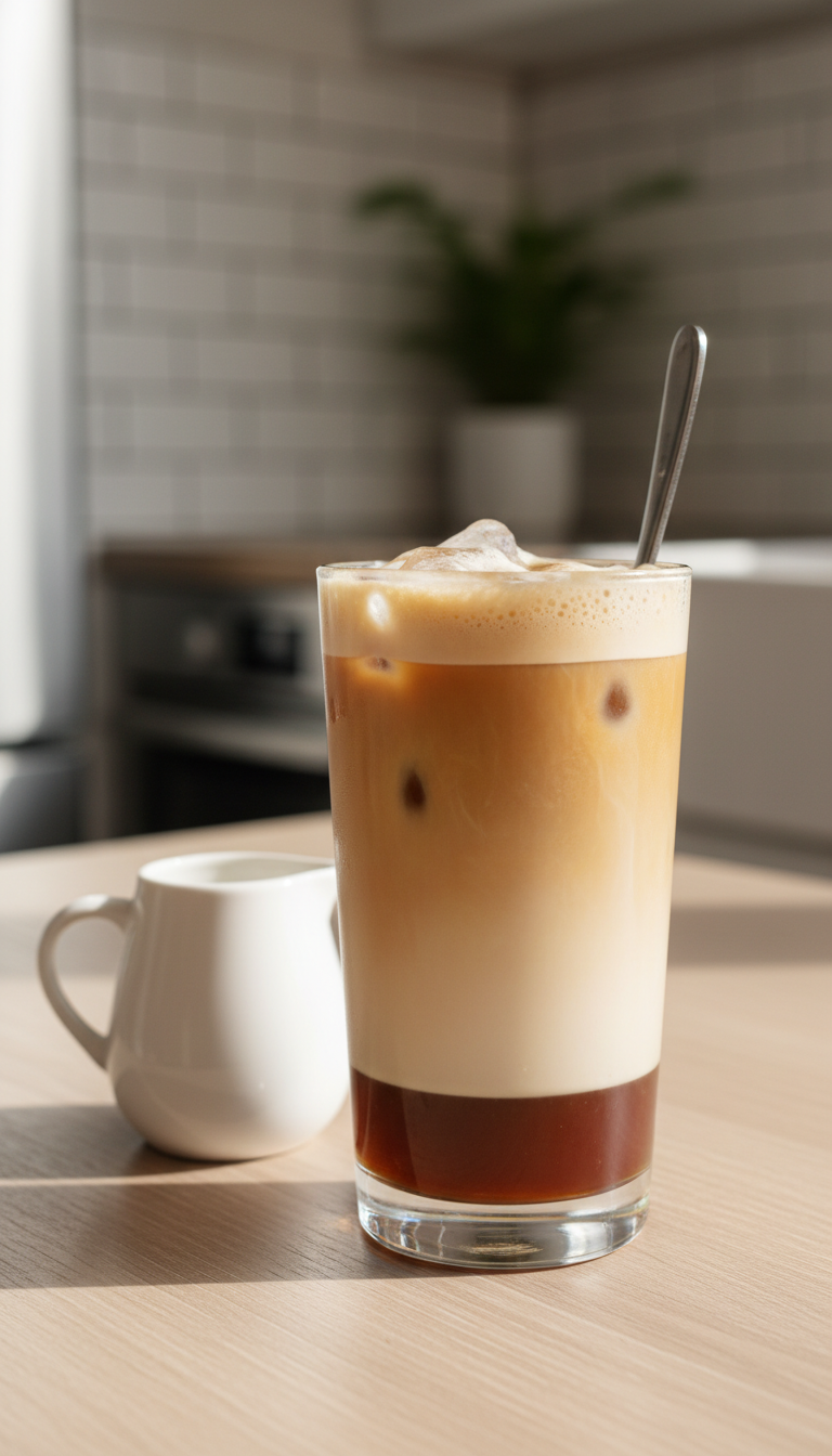 Dunkin' Sugar Free Iced Coffee: 11 Best Healthy Orders 17 Creamy iced latte with espresso and milk layers over ice, foam, metal spoon on light wood, kitchen background.