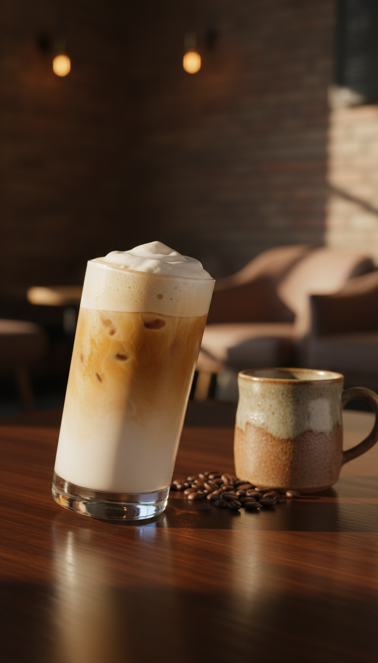 Creamy iced oat milk latte in clear glass, rich espresso, oat foam, artisan mug, espresso beans on dark wood. Cozy coffee.
