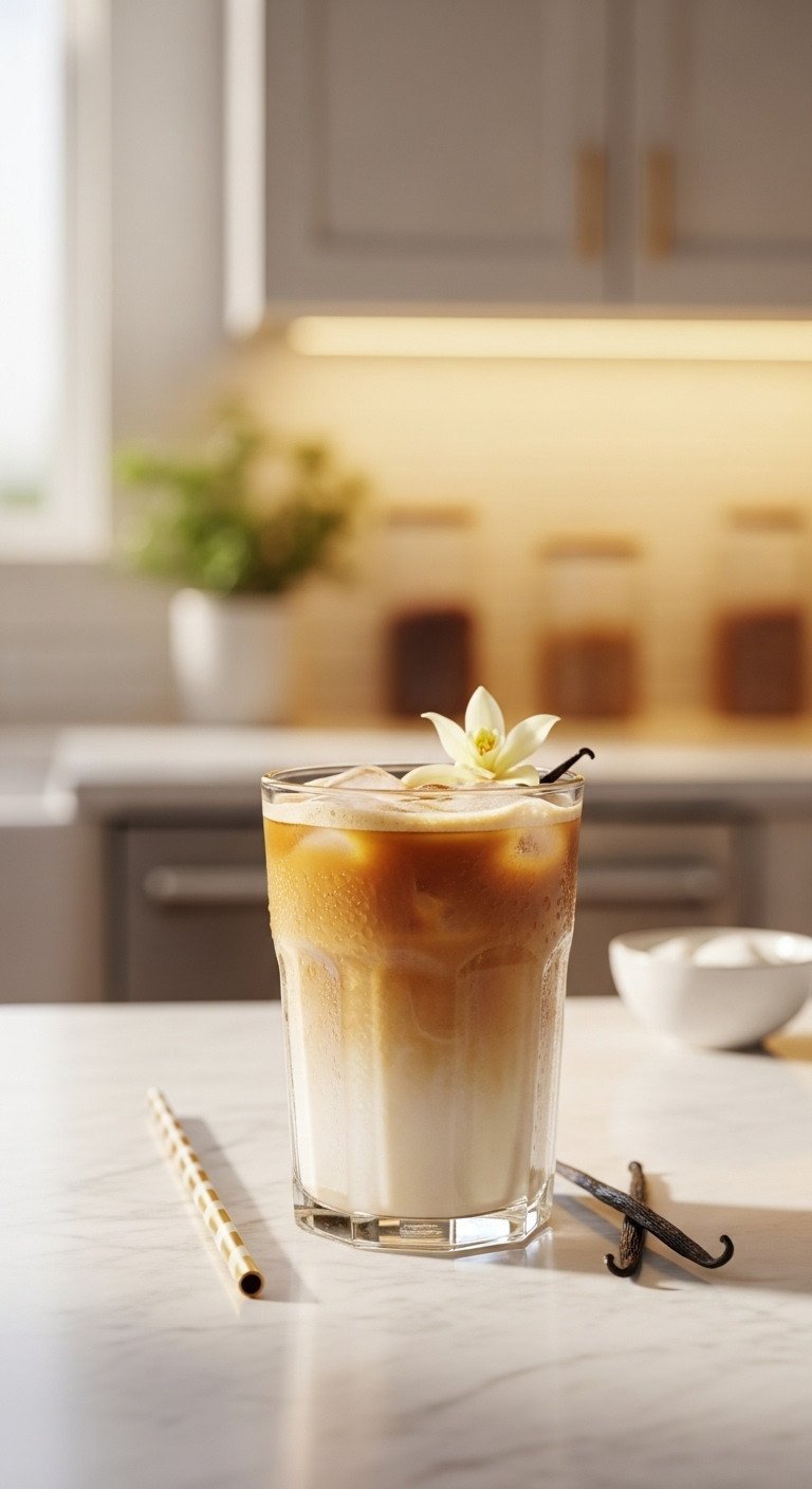 11 Iced Coffee Recipes And Secret Fixes For Watery Coffee 7 Creamy iced vanilla latte in a glass with foamy milk, condensation, on a marble counter; with straw and vanilla bean.
