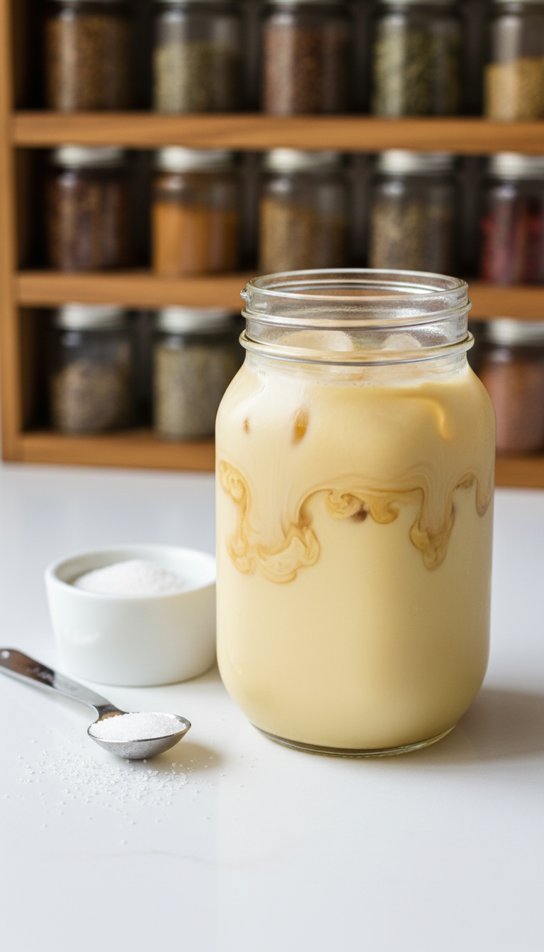 Healthy Dunkin Iced Coffee 7 Proven Low-Calorie Drinks 9 Creamy keto iced coffee with MCT oil blending in a rustic glass jar, with sweetener and measuring spoon.