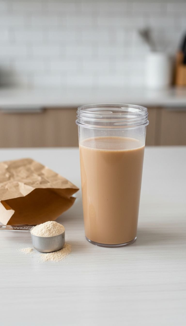 Creamy medium-brown Boba Nu Original Milk Tea Protein in a shaker cup on a laminate counter, blurred kitchen background.