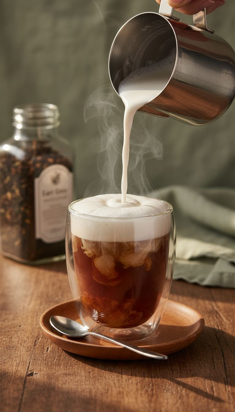 7 Secrets To Master Your London Fog Latte Recipe 9 Creamy microfoam poured onto dark tea and vanilla mixture in a double-walled glass mug, creating a London Fog Latte.