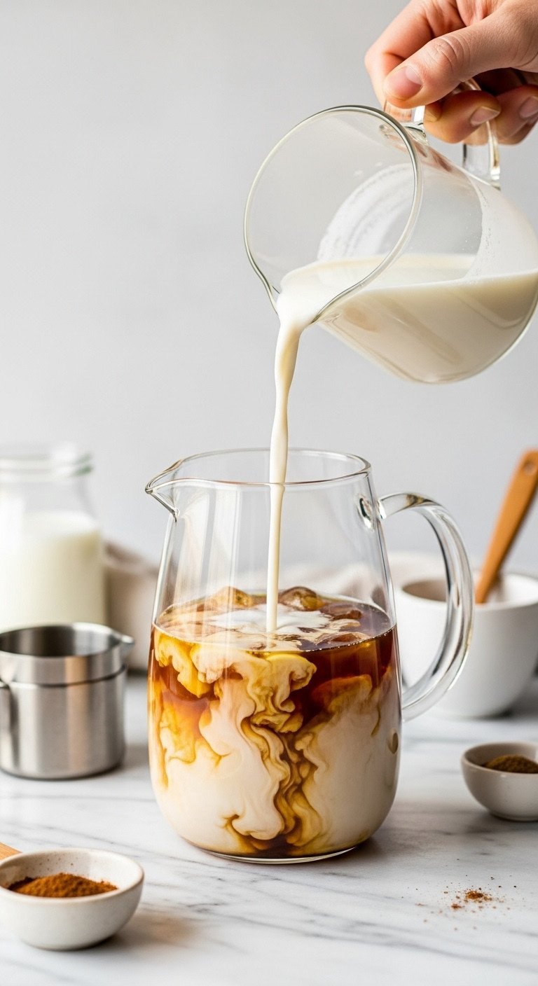 Master The Perfect Boba Tea Recipe For Chewy Pearls 11 Creamy milk pouring into cooled black tea in a glass pitcher, creating an elegant swirl on marble. Homemade boba milk tea.