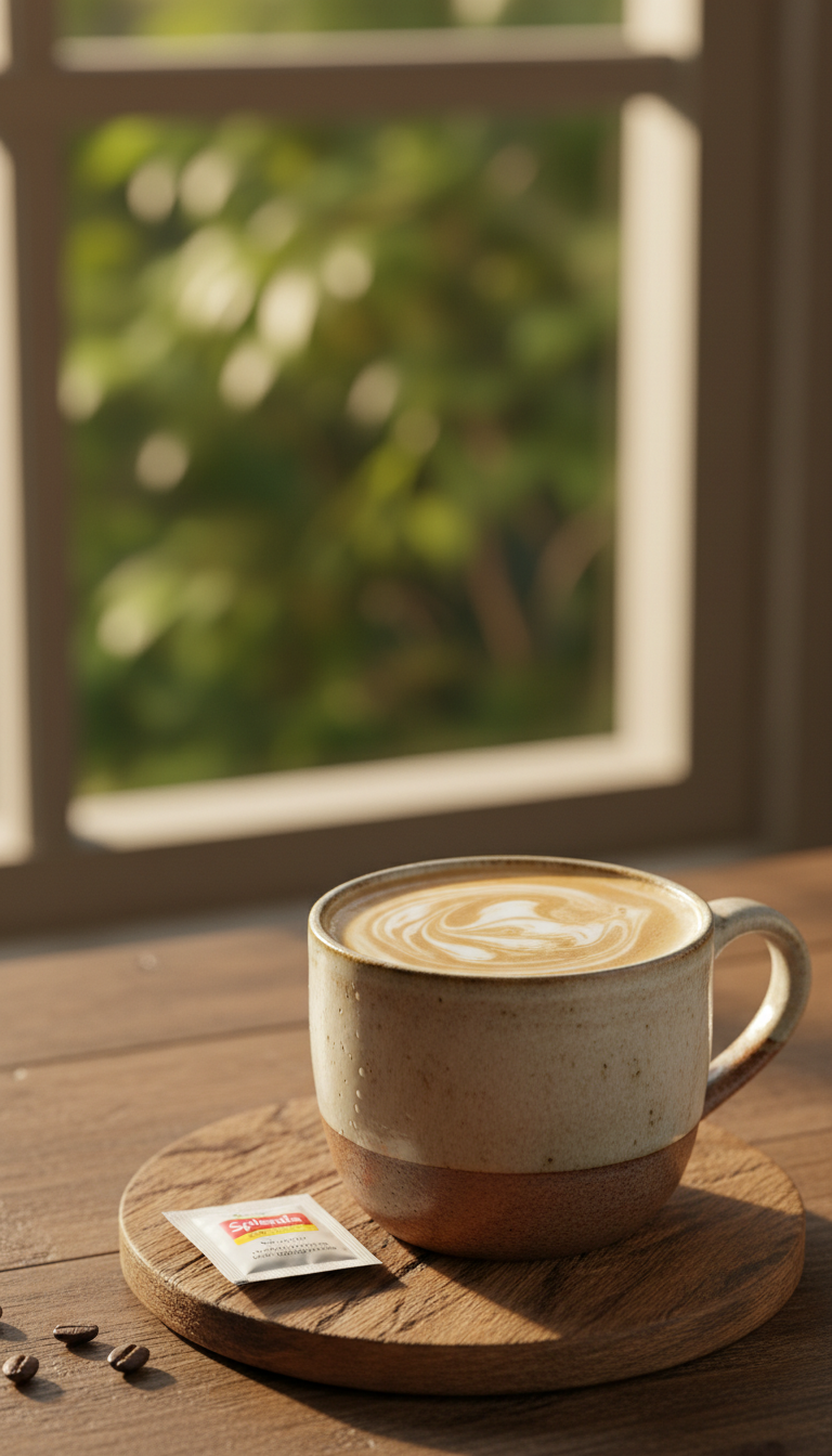 Healthy Dunkin Iced Coffee 7 Proven Low-Calorie Drinks 13 Creamy oat milk iced coffee in a rustic ceramic mug on a wooden table, with Splenda and a wooden coaster.