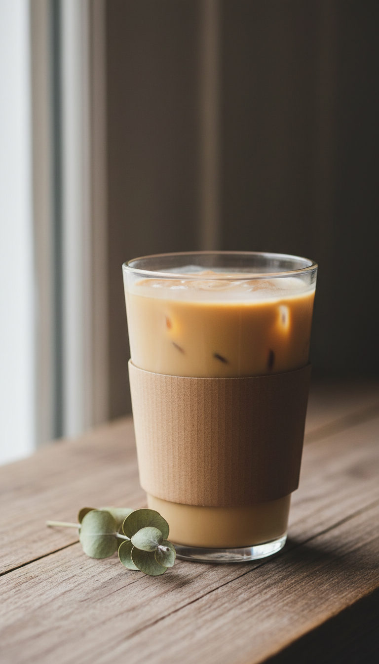 Creamy oat milk iced coffee, neutral-toned, on a rustic wood table with eucalyptus and eco-friendly sleeves.