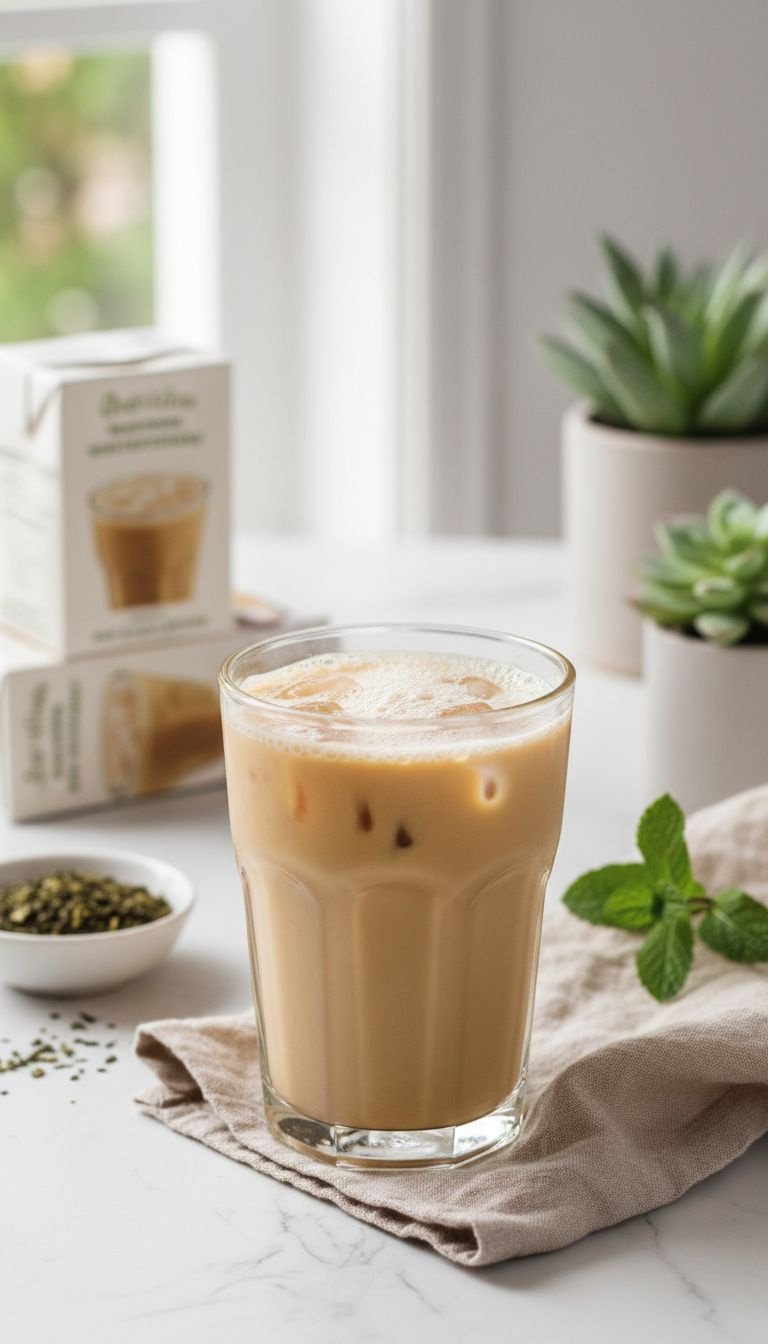 Creamy pale tan Plant-Based Milk Tea Protein over ice on a white marble counter, with blurred vegan ingredients.