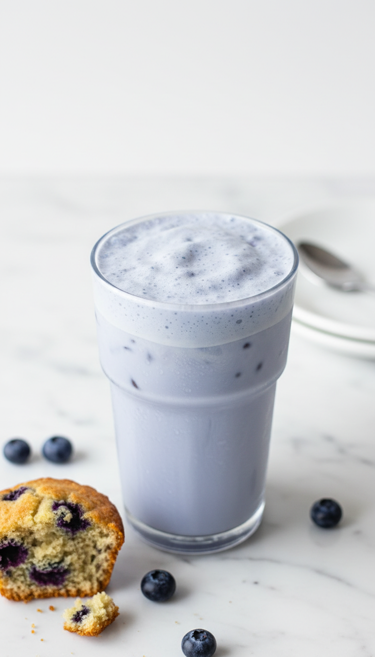 Dunkin Blueberry Iced Coffee Order: 7 Viral Recipes to Try 3 Creamy pastel blueberry iced latte with subtle foam, like a muffin, in clear glass on marble counter, minimalist.