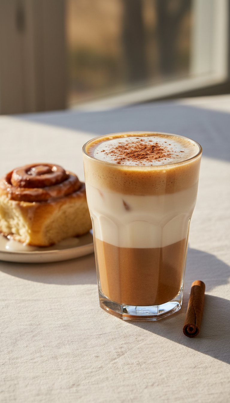Dunkin Iced Coffee Ideas 7 Must Try Custom Drinks 13 Creamy spiced iced latte with cinnamon dusting and layers, on white linen, with a cinnamon stick and pastry.