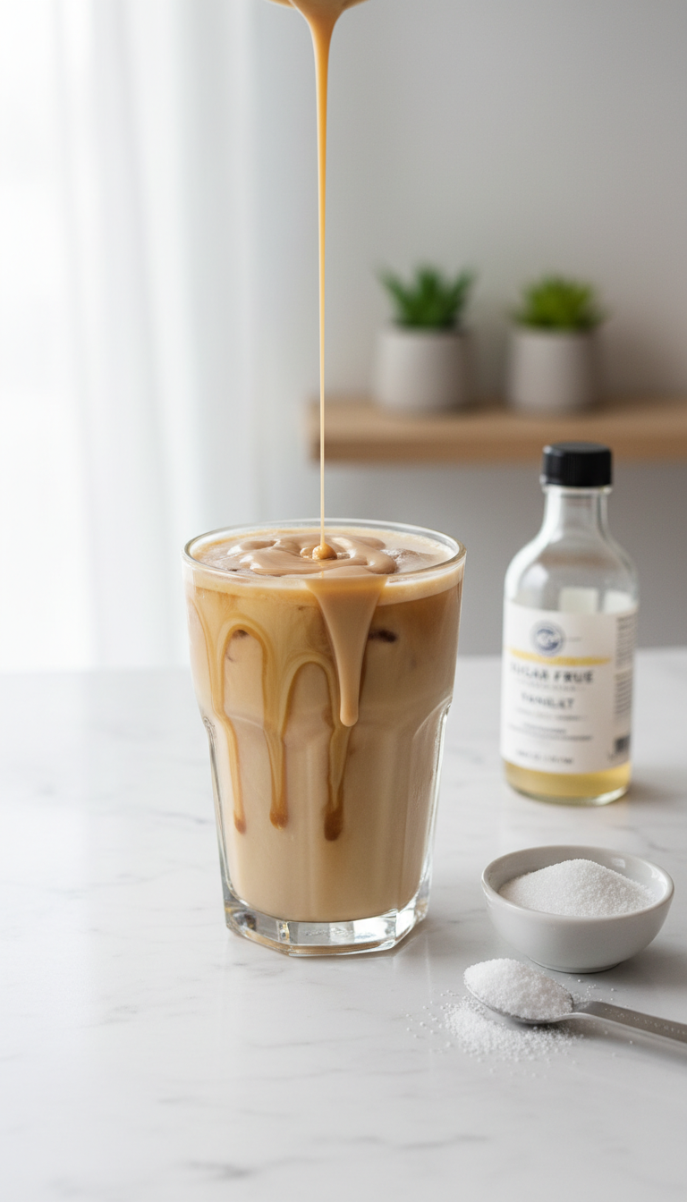 Homemade Caramel Coffee Syrup: Master This Easy Recipe 9 Creamy sugar-free keto caramel syrup drizzled over iced keto coffee on marble, highlighting healthy, low-carb drinks.