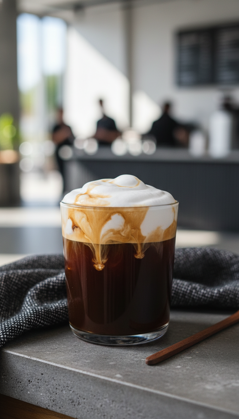 Dunkin Donuts Iced Coffee Toasted Almond: 7 Must-Try Orders 9 Creamy toasted almond cold brew, thick cold foam, dark liquid, modern glass, stir stick on stone. Vibrant coffee shop setting.