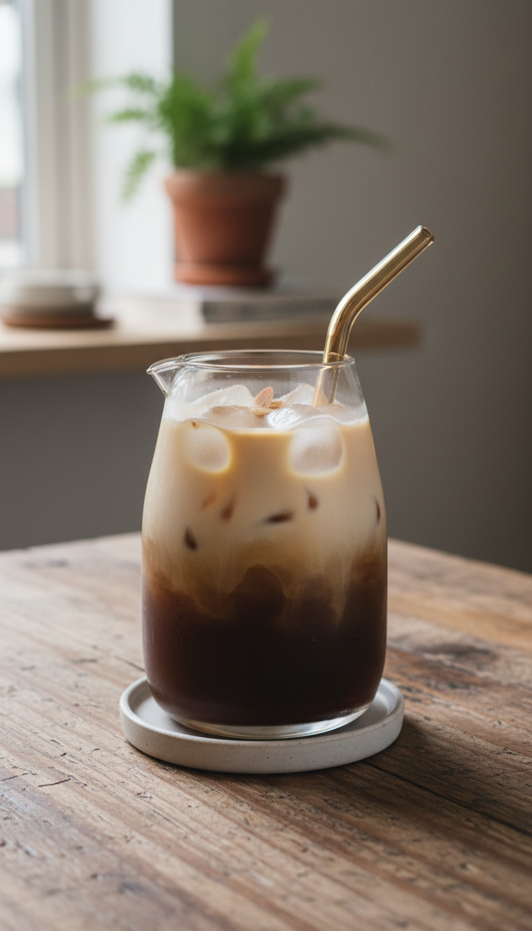 Dunkin Donuts Iced Coffee Toasted Almond: 7 Must-Try Orders 1 Creamy toasted almond iced coffee, light to dark gradient, ice, reusable straw, ceramic coaster on rustic wood table. Cozy setting.