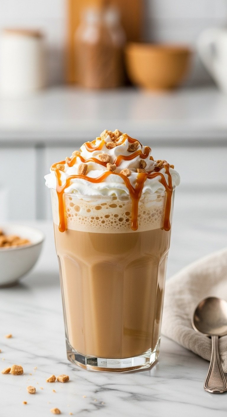 Creamy toffee nut latte in clear glass with whipped cream, caramel drizzle, and toffee pieces on marble.