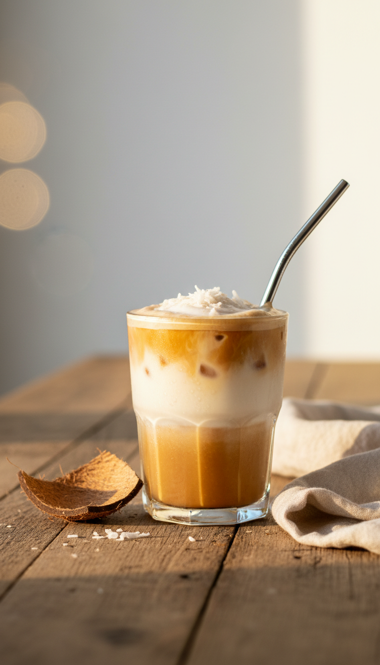 Dunkin' Sugar Free Iced Coffee: 11 Best Healthy Orders 9 Creamy tropical iced coffee with distinct coconut milk layers, rustic wooden table, coconut husk, warm light.