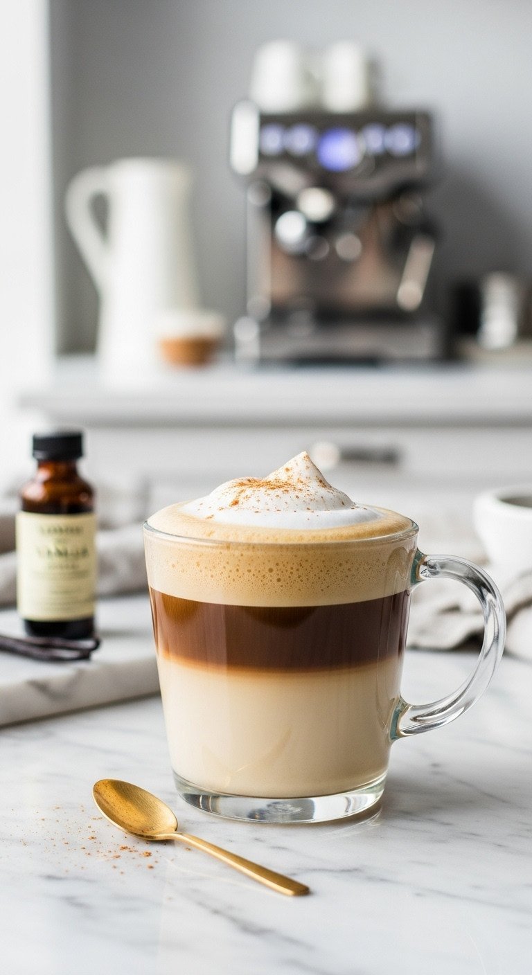 Creamy vanilla collagen latte in clear glass mug with layered espresso, milk, and cinnamon-dusted foam on marble counter.