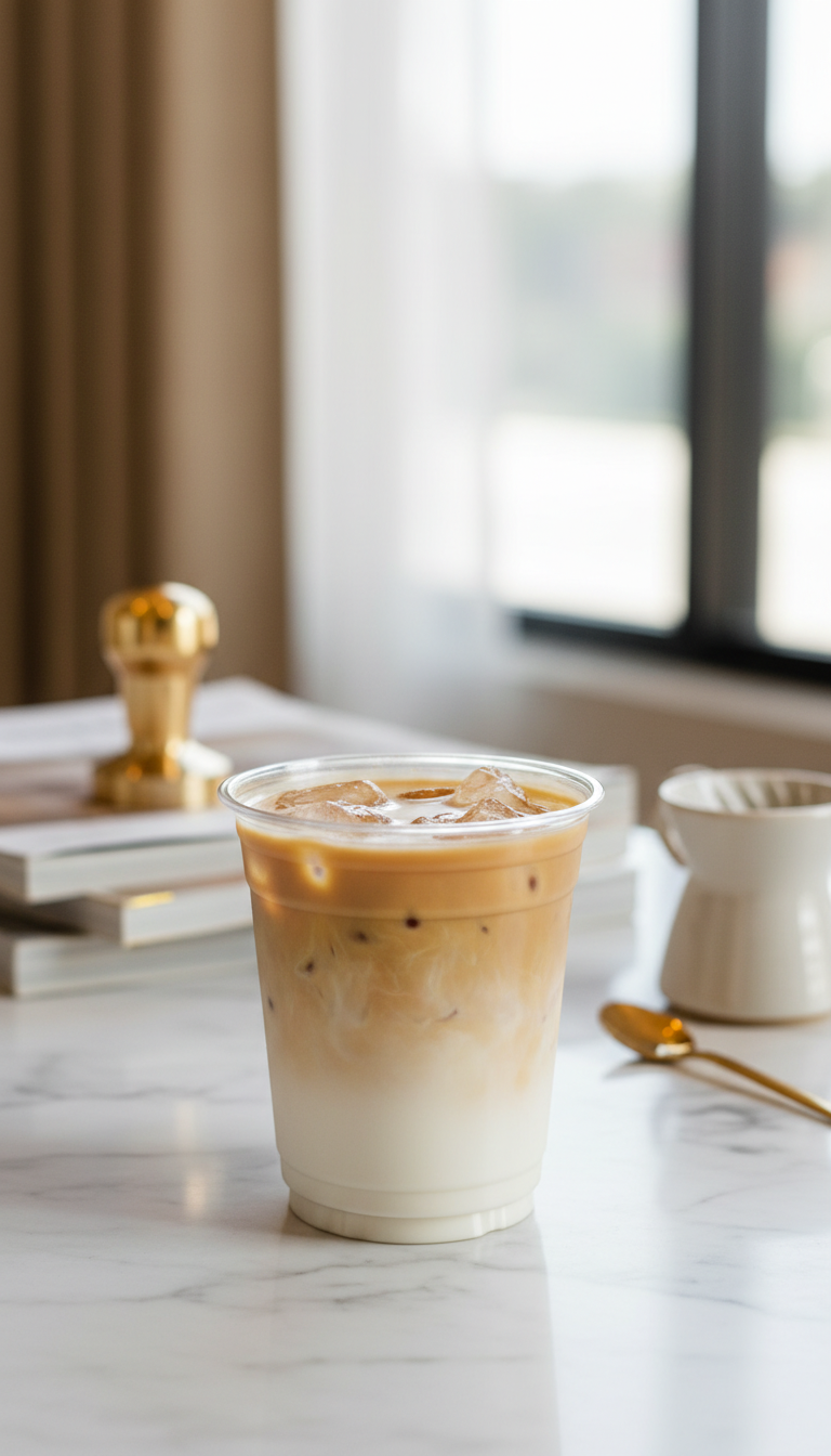 Creamy vanilla iced coffee with non-dairy milk, gold accessories on marble counter, soft bokeh for lifestyle appeal.