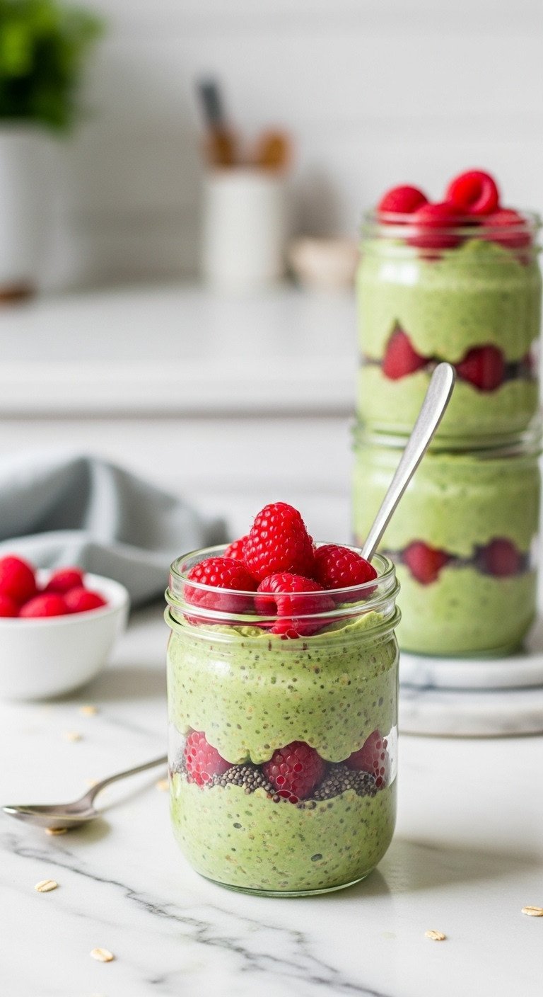 13 Perfect Green Tea Recipes Iced Matcha And No Bitterness 19 Creamy vibrant green Matcha Overnight Oats in a mason jar with raspberries, chia seeds, spoon on marble counter, healthy breakfast.