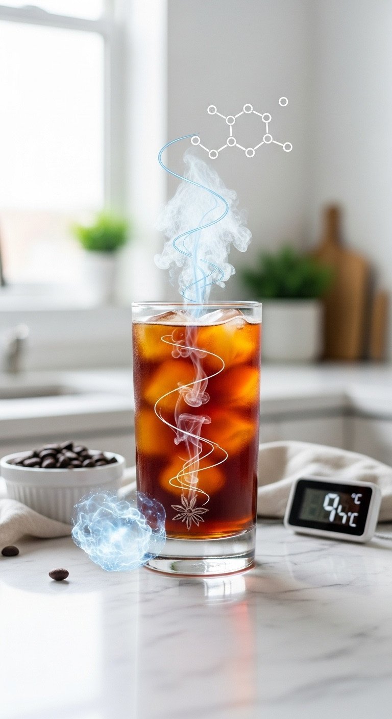 Crystal-clear, deep amber snap chilled coffee in tall glass on white marble with coffee beans. Vibrant, minimalist cold brew.