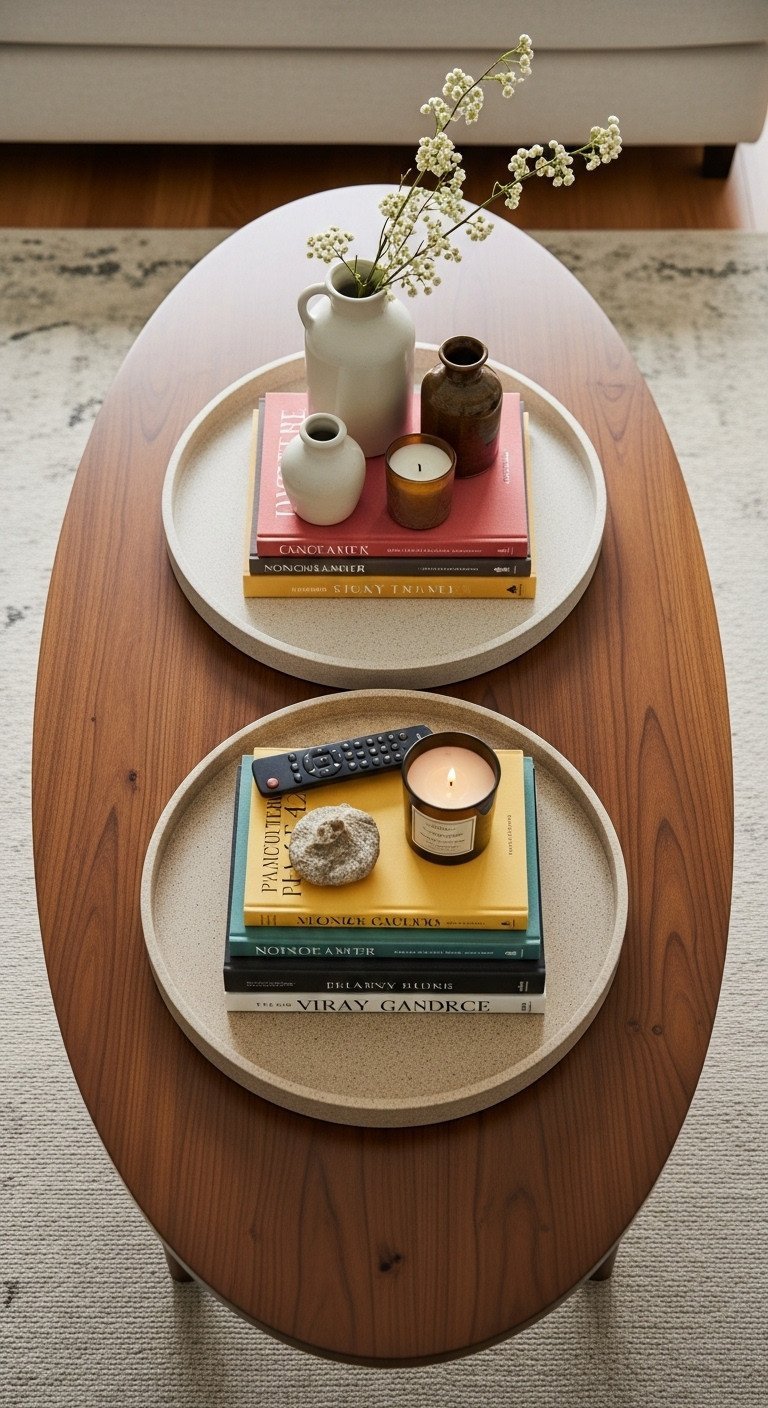 Smart Oval Coffee Table Ideas to Elevate Your Living Room 9 Curated display on a dark wood oval coffee table featuring books, vases, and a tray in an elegant living room.