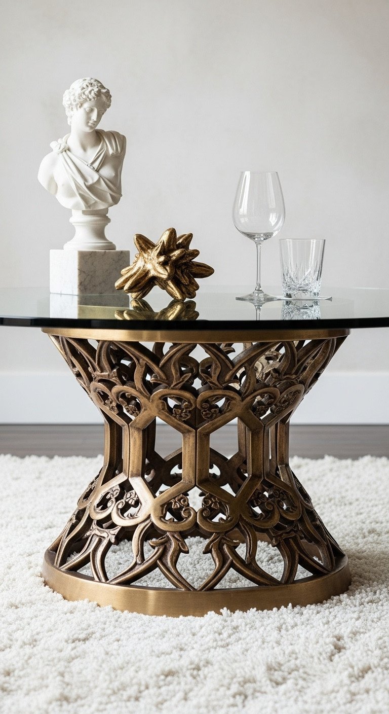 Custom glass top coffee table with intricate sculptural brass base, clear tempered glass, elegant sculpture, and crystal glasses.