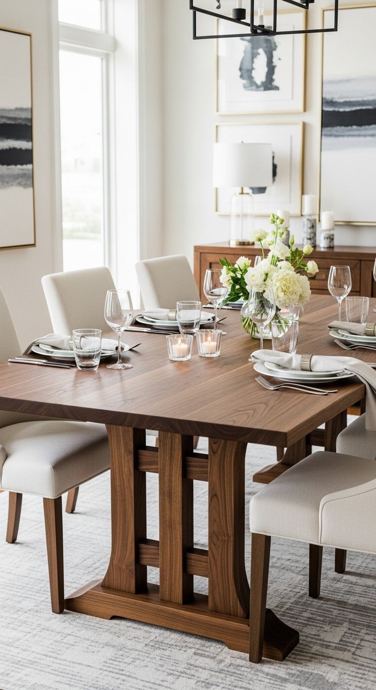 Custom hardwood dining table, dark walnut, set for formal dinner with fine china, crystal, and floral centerpiece. Elegant dining room decor.