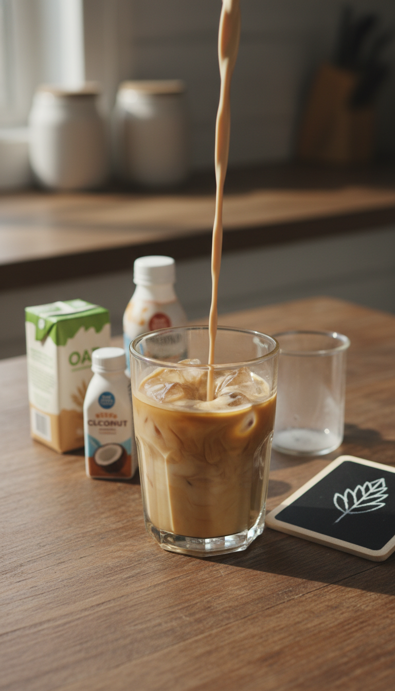 Custom iced coffee with non-dairy oat milk swirl, almond, coconut milk options. Vegan drink on wood, blurred kitchen.