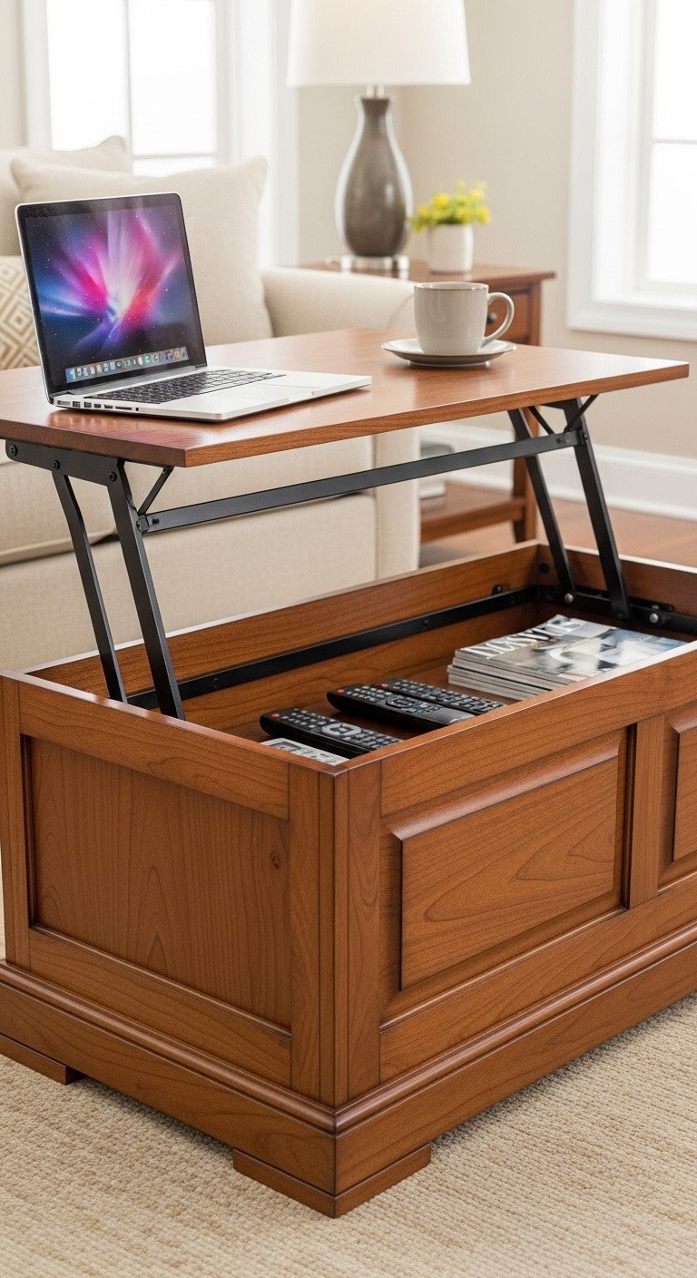 Custom solid wood lift top coffee table, elevated as a workstation, revealing hidden storage with remotes and magazines.