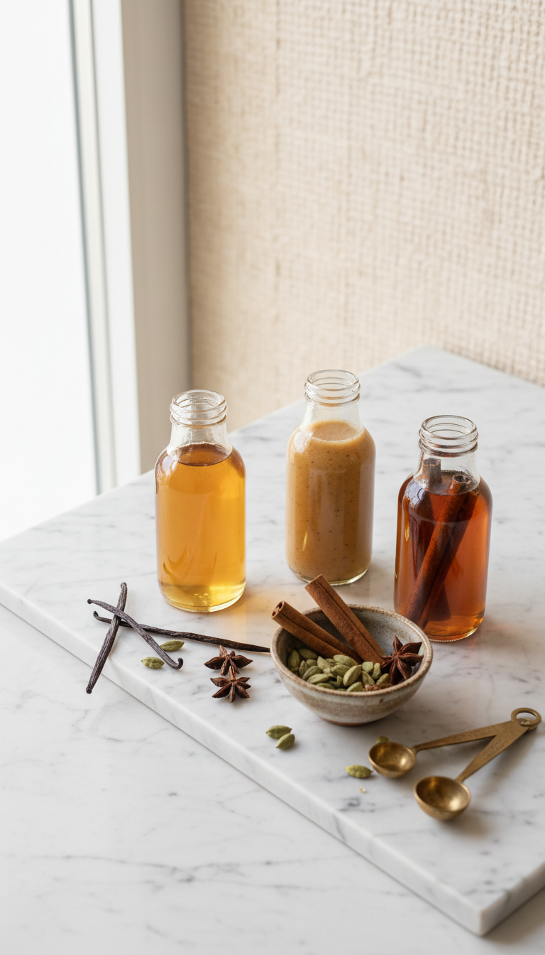 Homemade Vanilla Coffee Syrup: Ultimate Recipe Guide 11 Custom vanilla coffee syrups: pure, brown sugar, cinnamon in glass bottles, with spices on white marble, flat lay.