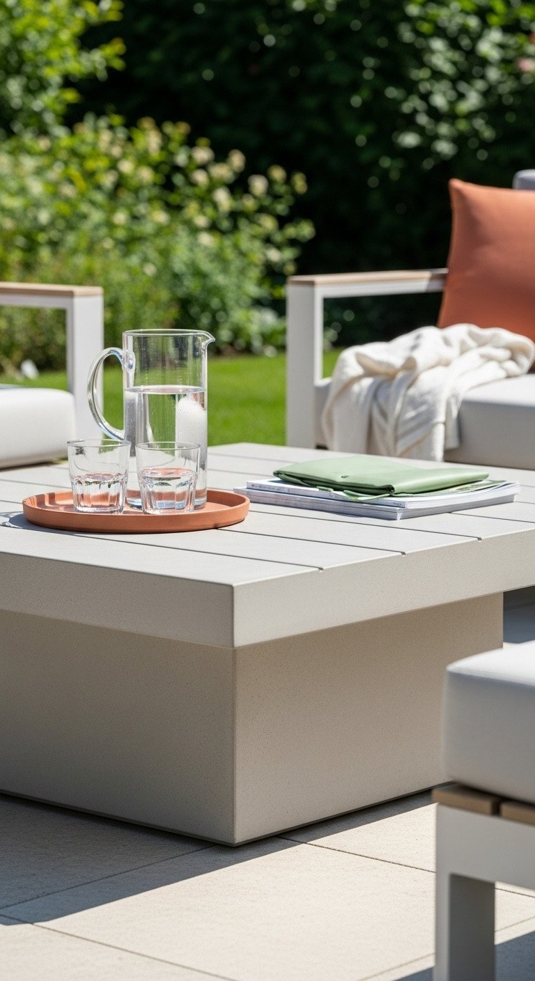 Custom weather-resistant outdoor coffee table on a modern patio with lush greenery, pitcher, glasses, and reading material.