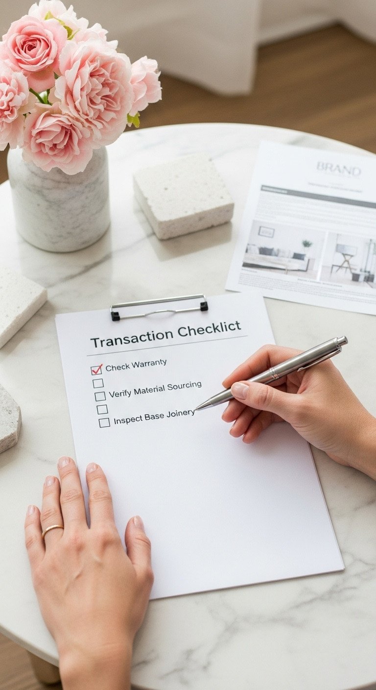 Customer reviews a marble coffee table transaction checklist for warranty, material sourcing, and quality inspection details.