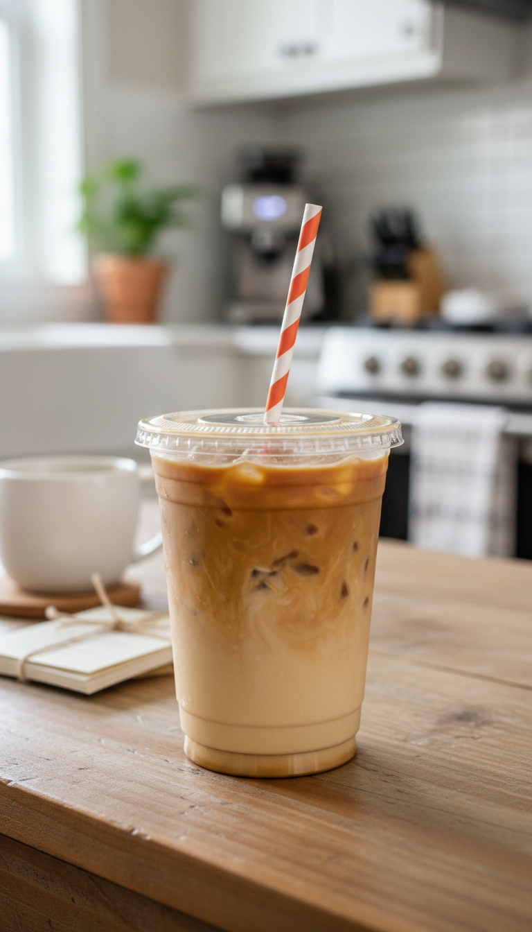 Order Caramel Iced Coffee: Dunkin's 7 Secret Customizations 13 Customized Dunkin' iced coffee, caramel blended with vanilla/butter pecan, creating a unique color on wood.