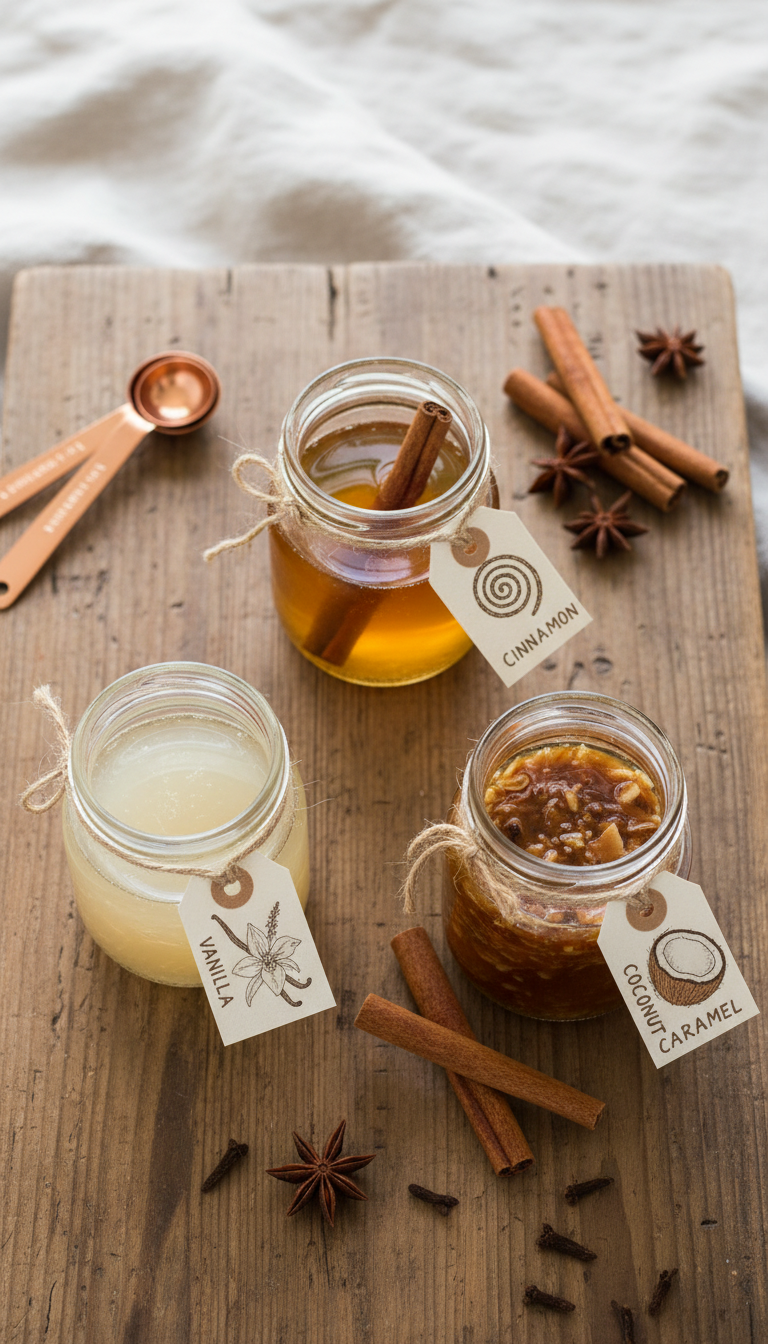 Homemade Coconut Sugar Coffee Syrup: 7 Easy Tips 7 Customized coconut sugar syrups: vanilla, cinnamon, caramel with toasted coconut flakes in glass jars on a rustic wood table.