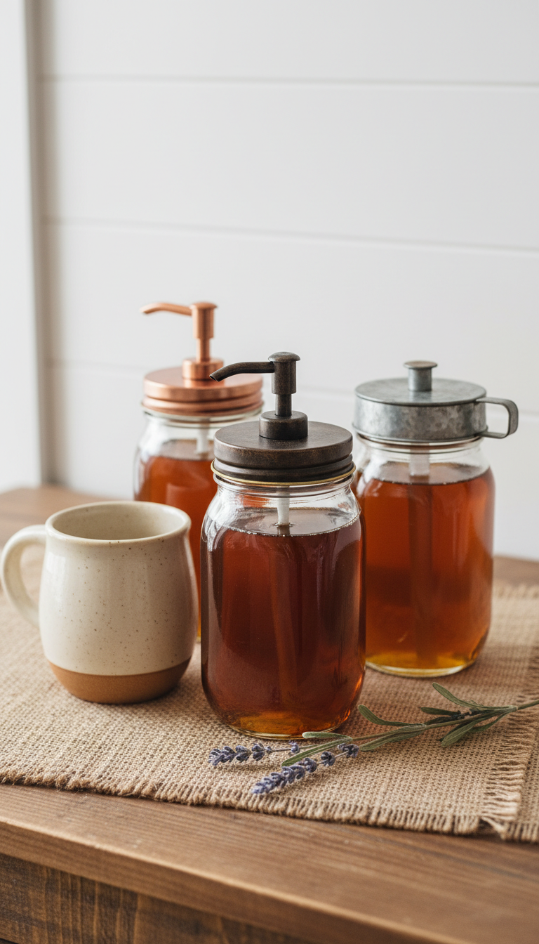 Homemade Coffee Syrup Jars: Design & Store Like a Pro 6 Customized mason jar coffee syrup dispensers with rustic metal spouts on a warm wooden farmhouse coffee bar.