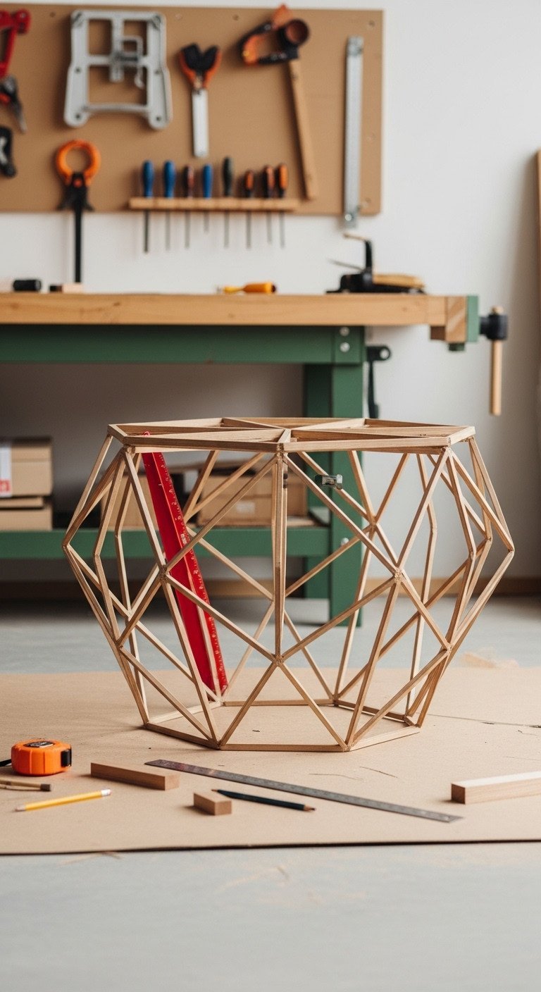 11 Genius Geometric Coffee Table Designs You Need 19 DIY 3D geometric coffee table in progress, with tools and wood pieces on a workbench in a modern workshop.