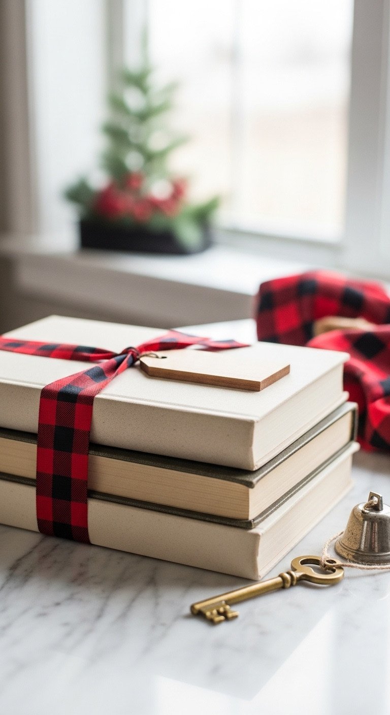 DIY Christmas decor: wrapped vintage books with buffalo plaid ribbon, wooden tag, brass key, silver bell, on marble.