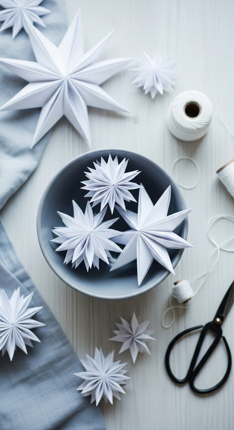 DIY Nordic Christmas decor: white origami paper stars, garland, gray ceramic bowl, scissors on light wood table.