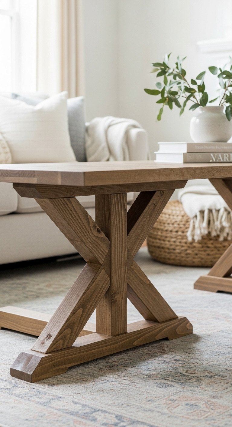 DIY X-base farmhouse coffee table with solid wood construction, smooth top. Cozy living room decor, warm cream tones, natural wood.