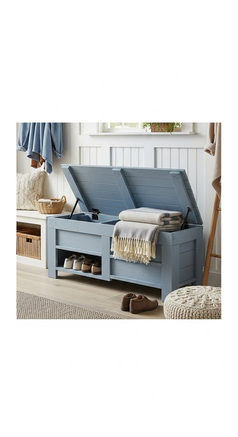 DIY blue pallet bench with hidden storage, shoes, throw blanket, and cushions for an organized entryway or mudroom.