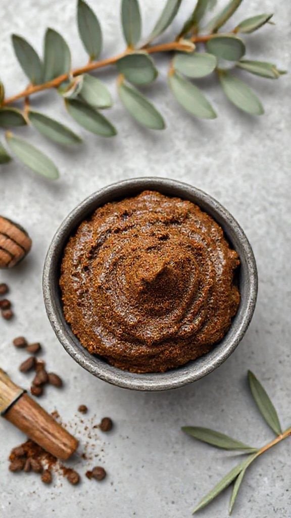 The 5 Minute Coffee Face Scrub For Naturally Glowing Skin 1 DIY coffee scrub with coconut oil in a white bowl with a wooden spoon, set on a bright, clean marble bathroom countertop.