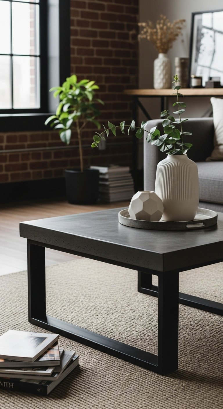 DIY concrete coffee table with dark, textured top and black metal legs in an industrial living room with a brick accent wall.