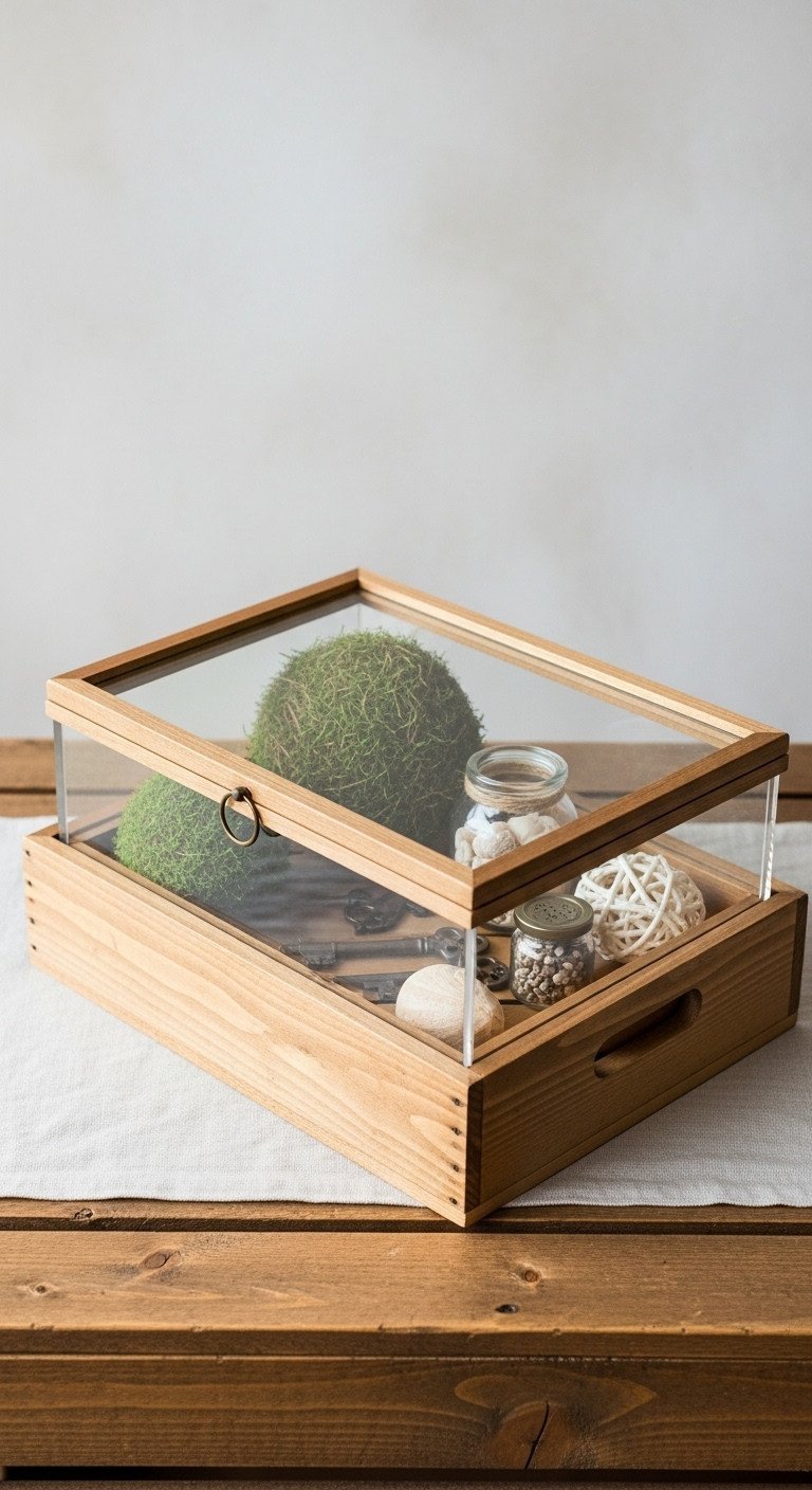 Genius DIY Crate Coffee Table Ideas For Smart Storage 5 DIY crate coffee table with clear glass shadow box top displaying natural moss, vintage keys, and shells.