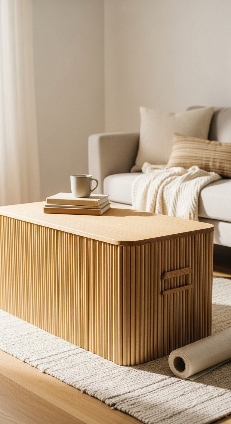 Genius Fluted Coffee Table Storage Ideas For Modern Homes 11 DIY fluted coffee table, upcycled storage trunk with pole wrap texture. Sunlit room, rustic wooden floor, warm light.