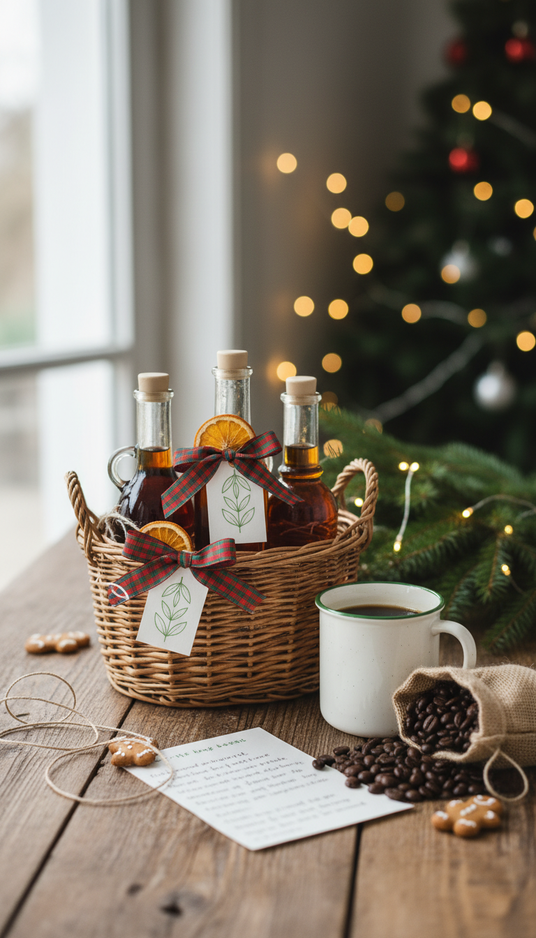 Best Homemade Gingerbread Coffee Syrup: Starbucks Copycat 15 DIY gingerbread syrup gift set: three festive bottles with ribbon, dried orange, in a basket with coffee mug and beans.
