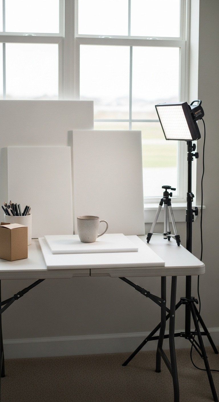 DIY home coffee photography studio setup with foam boards, LED light, mug on textured backdrop, natural window light.