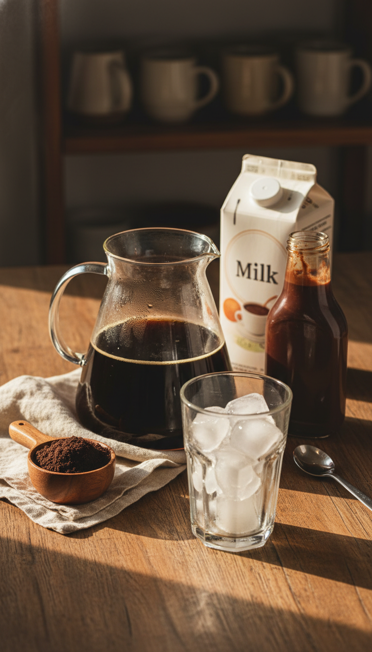 DIY mocha iced coffee station with chocolate sauce, milk, and coffee in a glass jar on a rustic wooden table.