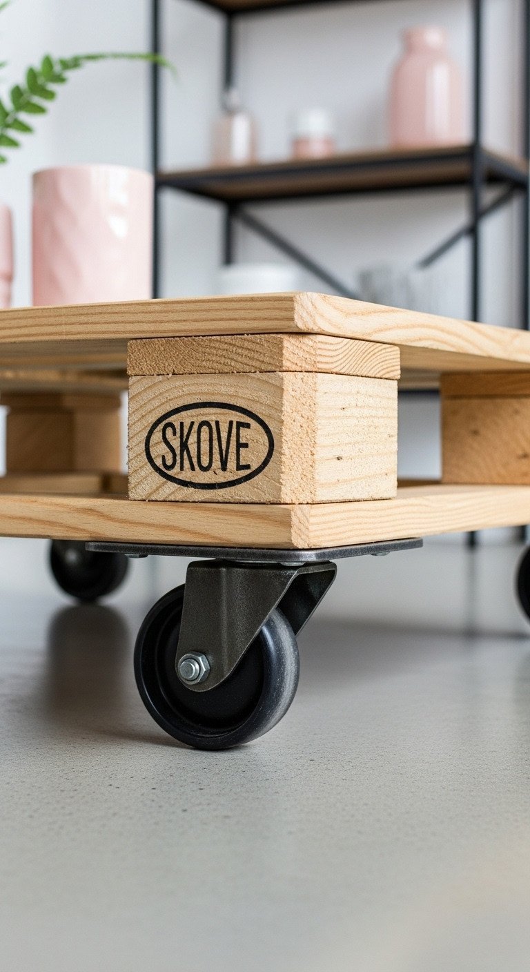 DIY Pallet Coffee Table Transform Pallets Into Stunning Furniture 3 DIY pallet coffee table with heavy-duty locking casters, industrial design on polished concrete floor.