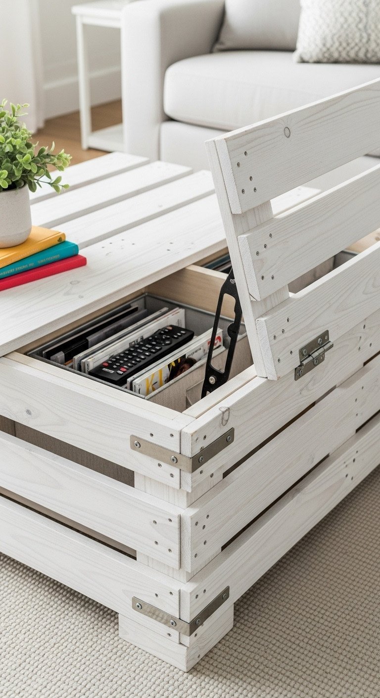 DIY Pallet Coffee Table Transform Pallets Into Stunning Furniture 5 DIY pallet coffee table with hidden storage, lift-top open revealing magazines in clean, contemporary living room.