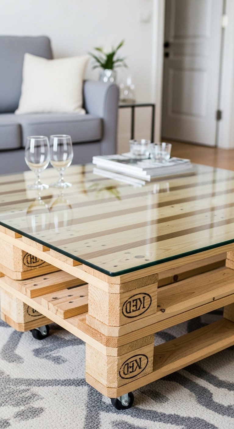 DIY Pallet Coffee Table Transform Pallets Into Stunning Furniture 13 DIY pallet coffee table with tempered glass top, reflecting light, showcasing reclaimed wood in elegant interior.